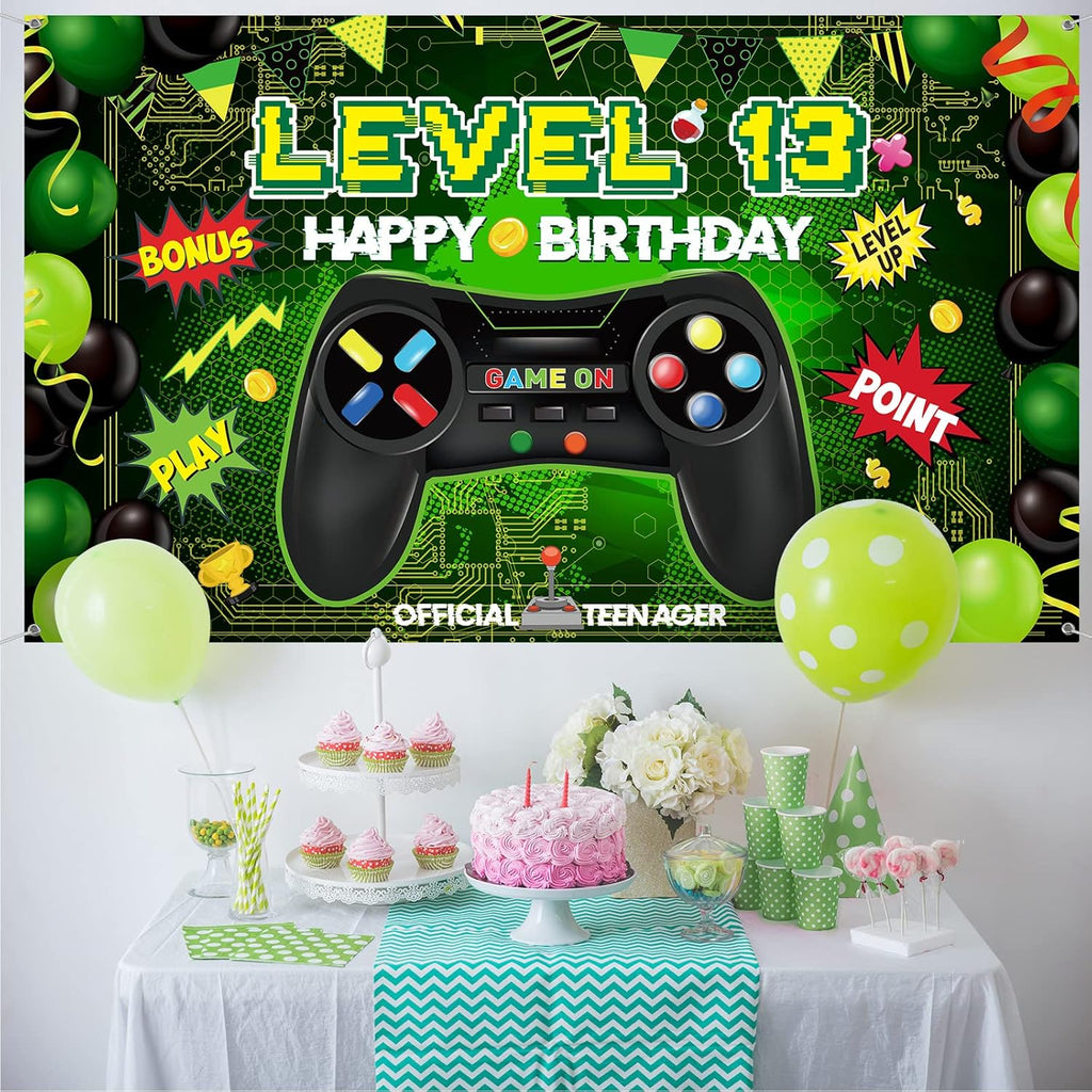 Level 13 Video Game Happy Birthday Backdrop Banner, Level up Birthday Party Supplies with Game Controller Print Gaming Theme Backdrop for Photography, Photo Props, Video Game Party Decorations Play Point