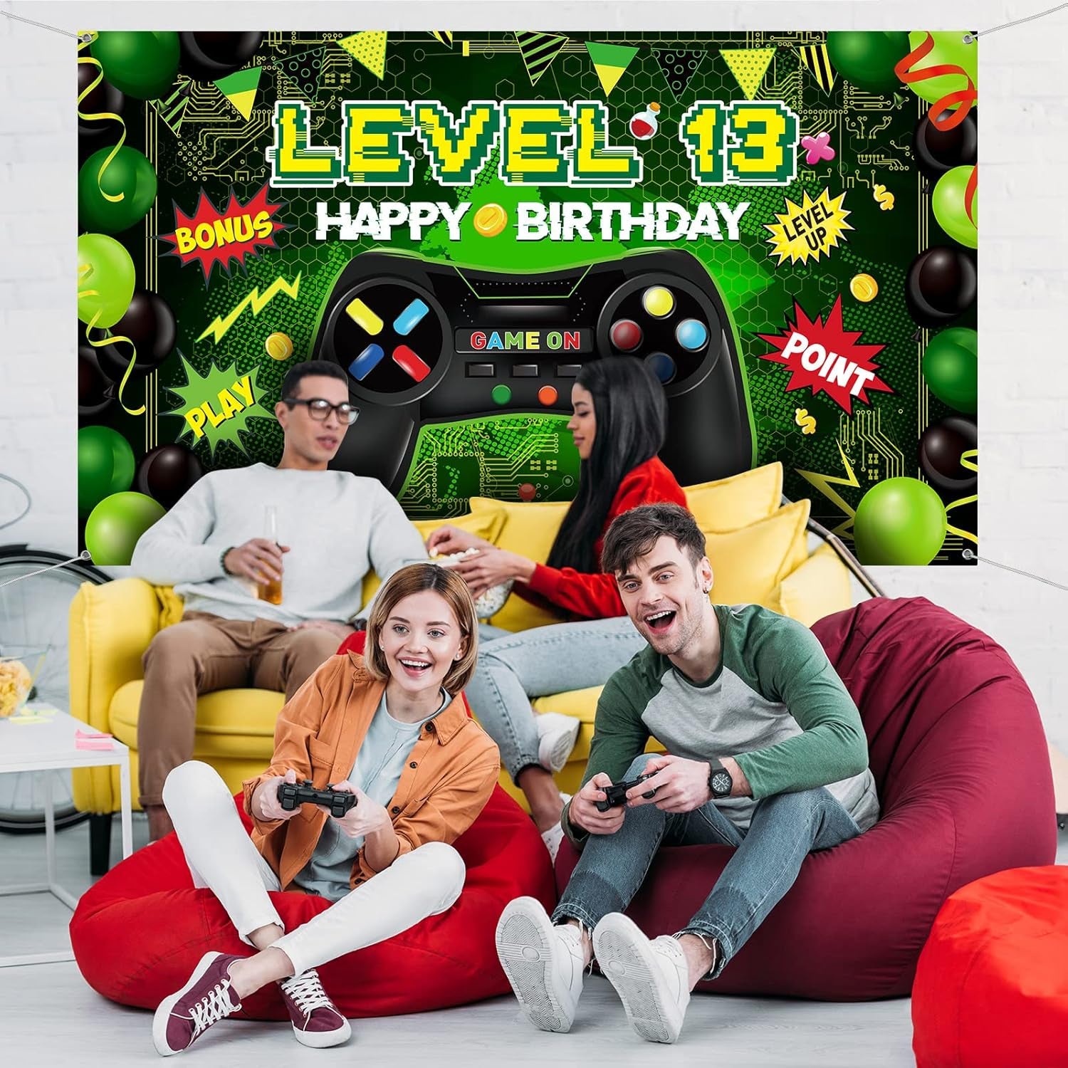Level 13 Video Game Happy Birthday Backdrop Banner, Level up Birthday Party Supplies with Game Controller Print Gaming Theme Backdrop for Photography, Photo Props, Video Game Party Decorations Play Point