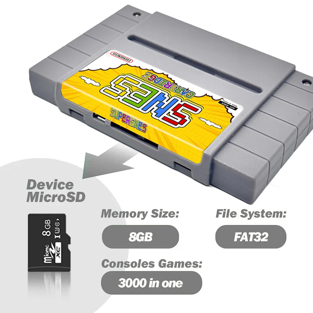 3000 in 1 V12 SNES Game Card with 8GB TF Card SFC Game Cartridge for SFC Super Famicom US Game Console Game Accessories